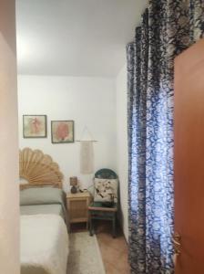 ein Schlafzimmer mit einem Bett, einem Stuhl und einem Vorhang in der Unterkunft Rena Majore Home in Rena Majore