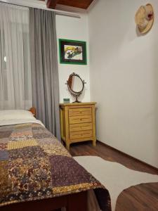 a bedroom with a bed and a dresser and a mirror at Apartmani RESET DRINA in Bajina Bašta