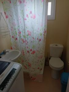 a bathroom with a toilet and a sink and a shower curtain at Cabañas Manolo in Osorno +21 photos
