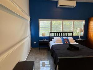a blue bedroom with a bed and a window at Elegant 1-Br Penthouse in Condado! in San Juan