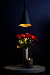 a vase of roses sitting on a table under a lamp at Admiral Motel in Santiago