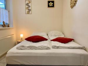 łóżko z 2 czerwonymi poduszkami w pokoju w obiekcie Apartment in Petten near the Beach w mieście Petten