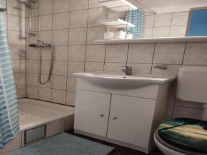 a bathroom with a sink and a shower and a toilet at Apartment in Ra anac near Beach Rtina in Ražanac +15 photos