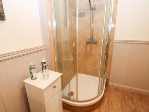 a shower in a bathroom with a stand up shower at La'l Skaithe in Kirkby Stephen +21 photos