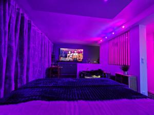 a purple bedroom with a bed and a tv at Loveroom & Jacuzzi TIJUGO - Clermont Ferrand in Clermont-Ferrand