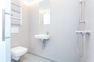 W łazience znajduje się toaleta, umywalka i prysznic. w obiekcie Studio Kampus Garnizon w Gdańsku