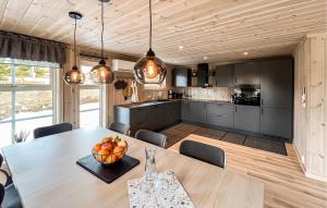 a kitchen and dining room with a large wooden table at Stunning Home In Sjusjøen With Sauna in Sjusjøen