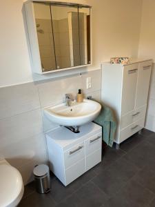 a bathroom with a sink and a toilet and a mirror at Ferienwohnung Burkart in Ebersburg +11 photos