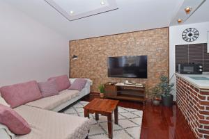a living room with a couch and a tv on a brick wall at Apartment & Rooms Meri Tučepi in Tučepi