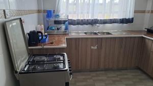 een kleine keuken met een fornuis en een spoelbak bij The Blissful Pitstop in Gatunga