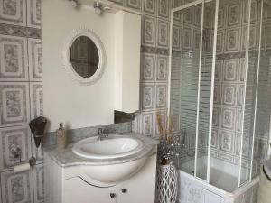 a bathroom with a sink and a shower and a mirror at Casa Larisa Borsa in Borsa