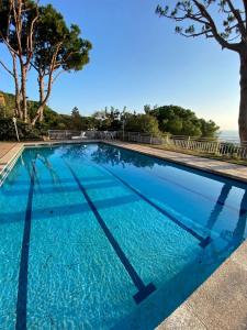 a swimming pool with blue water and trees at Villa Juny Best view in North Barcelona Coast in Cabrils