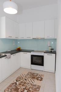a kitchen with white cabinets and a rug on the floor at Alexas country house in Kamena Vourla +48 photos
