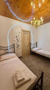 ヴェネツィアにあるFlora apartmentのベッド2台とシャンデリアのある寝室