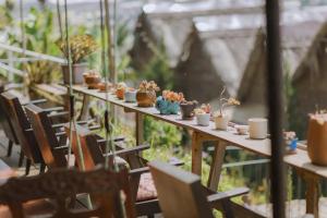 Mái Lá Homestay & Herbal Spa في دالات: صفٌ من الطاولات مع نباتات الفخار عليها