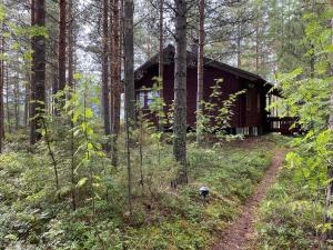 a log cabin in the woods with a dirt road in front at Mönni saari in Savonlinna