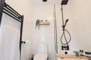 a bathroom with a shower and a toilet at North Lakes - The Fold Holiday Cottage in Penrith