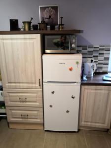 a kitchen with a microwave on top of a refrigerator at Horská Chata Martin in Loučná pod Klínovcem +14 photos