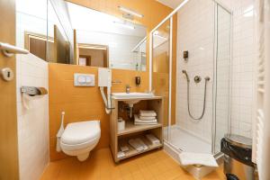 un bagno con wc, lavandino e doccia di Hotel Celjska Koca a Celje Altre 37 foto