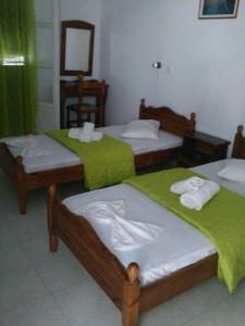 two beds in a room with green sheets at Pension Christina in Aegiali