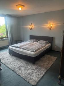 ein Schlafzimmer mit einem Bett mit einem Teppich und zwei Lichtern in der Unterkunft Bremens Herz Weser und Stadion in Bremen