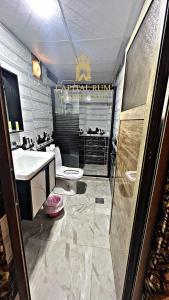 a bathroom with a toilet and a sink and a shower at CAPITAL RUM lUXURY CAMP in Wadi Rum