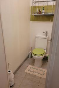 a bathroom with a toilet with a green lid at Gîte proche côte Granit Rose Paimpol Chants marins in Brélidy +10 photos