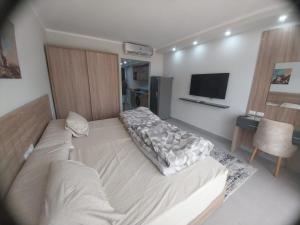 una camera da letto con un letto grande e una televisione di pola studio at scandic resort a Hurghada