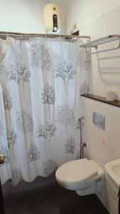a bathroom with a shower curtain with a toilet and a sink at Angson Apartment in Chennai +50 photos