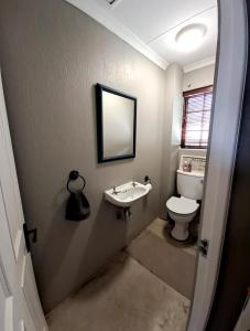 a bathroom with a sink and a toilet at A cozy, artistic suburban-stay at Alice in Africa in Rooihuiskraal