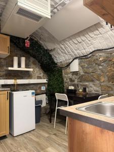 a kitchen with a white refrigerator and a stone wall at Suterénní byt na Hejtmánce v Mladé Boleslavi u letiště in Mladá Boleslav +12 photos