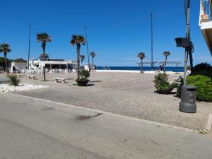 a empty street with palm trees and a beach at Trilocale centrale e a due passi dal mare con posto auto privato in Marcelli