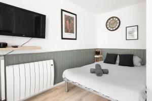 a bedroom with a bed and a flat screen tv at Studio moderne - proximité gare et espace extérieur in Toulouse +7 photos