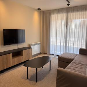 a living room with a couch and a flat screen tv at Faz Flat in Córdoba