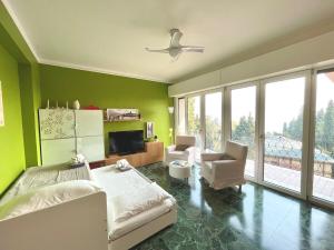 a living room with green walls and a bed and chairs at D1MORA LagoBlu - private beach and lake view in Toscolano Maderno