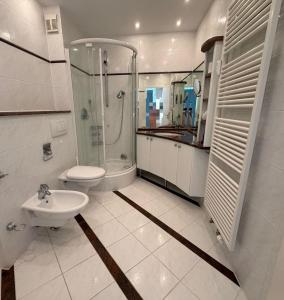 a bathroom with a shower and a toilet and a sink at FeWo am Hansa Park in Sierksdorf +11 photos