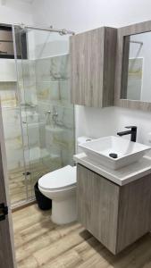 a bathroom with a toilet and a sink and a shower at Green Valley Glampling Salento - CASA CAMPESINA in Salento