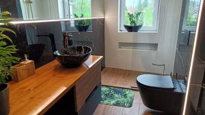 a bathroom with a black bowl sink and a toilet at Pokoje Gościnne U Ewy in Wieliczka +11 photos