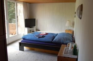 Un dormitorio con una cama azul y un televisor. en Maakito`s Place, en Düsseldorf