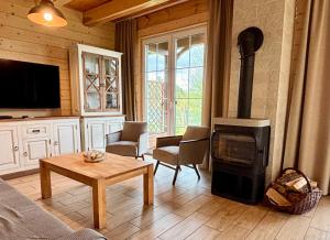 a living room with a wood stove in a room at U Marcjana in Kamienica Królewska