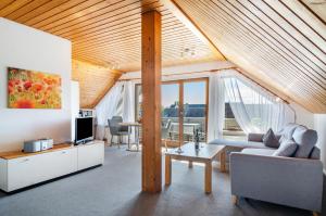 a living room with a couch and a tv at Haus Annette in Immenstaad am Bodensee