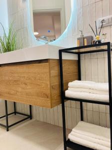 a bathroom with a mirror and a shelf with towels at City Garden Loft in Pescara +65 photos
