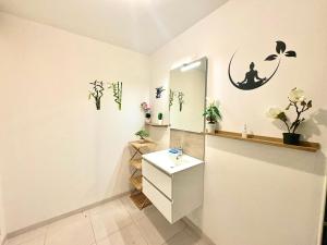 un bagno con lavandino e specchio di Studio Sencha, Lit 160, Clim, plein coeur de ville a Nîmes