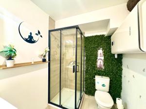 bagno con servizi igienici e parete verde di Studio Sencha, Lit 160, Clim, plein coeur de ville a Nîmes