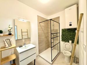 a bathroom with a shower and a toilet and a sink at Studio Boho, 4 personnes Nîmes, Lit 160 + CLIM in Nîmes