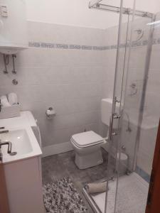 een badkamer met een douche, een toilet en een wastafel bij STEFAN 2 in Umag