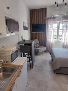 een keuken en een woonkamer met een bed en een wastafel bij STEFAN 2 in Umag