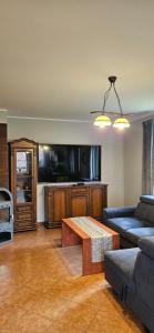 a living room with a couch and a coffee table at DOMKI w Zaciszu in Ruś