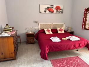 a bedroom with a red bed with towels on it at B&B Babay in Guspini