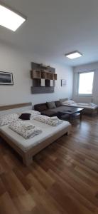 ein Wohnzimmer mit zwei Betten und einer Couch in der Unterkunft Apartments MODOM in Liptovský Mikuláš + 44 Fotos